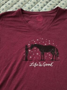 Life Is Good Maroon V-Neck Tee with Horse & Girl Graphic